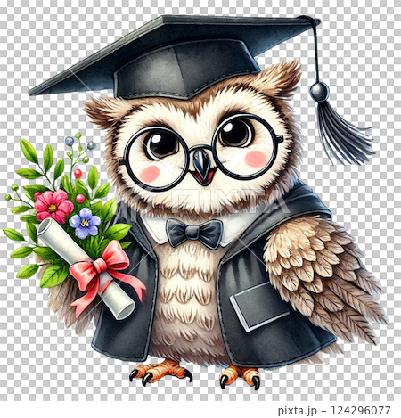 A cute owl wearing a graduation cap and holding flowers. Animal cartoon character. 124296077