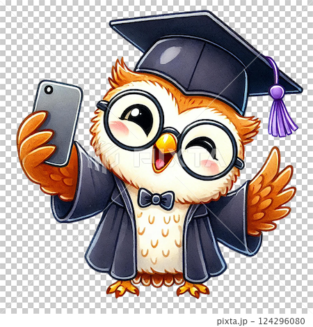 A happy graduate owl taking a selfie in a cap and gown. Animal cartoon character. 124296080