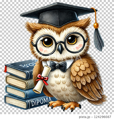 A wise owl wearing a graduation cap and glasses with diploma. Animal cartoon character. 124296087