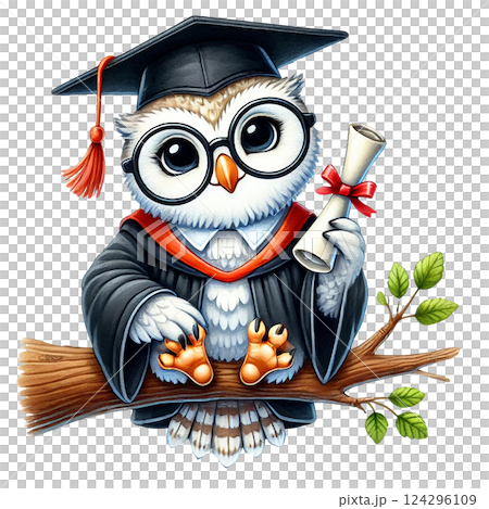 Wise owl graduate with degree on branch, symbolizing education. Animal cartoon character. 124296109