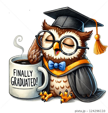 Wise owl in graduation cap celebrates achievement with coffee. Animal cartoon character. 124296110