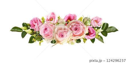 Pink roses and eustoma flowers with yellow limonium in a line floral arrangement isolated on white Pink roses and eustoma flowers with yellow limonium in a line floral arrangement isolated on white 124296237