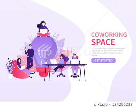 Coworking space illustration. Business people teamwork. Vector flat design. Business people office work. Remote work. Coworking space illustration. Business people teamwork. Vector flat design. Business people office work. Remote work. 124296238
