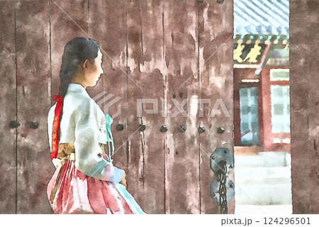 ソウルの景福宮でレンタルのチマチョゴリを着用し佇む若い女性(オリジナル画像からAIイラスト加工) ソウルの景福宮でレンタルのチマチョゴリを着用し佇む若い女性(オリジナル画像からAIイラスト加工) 124296501