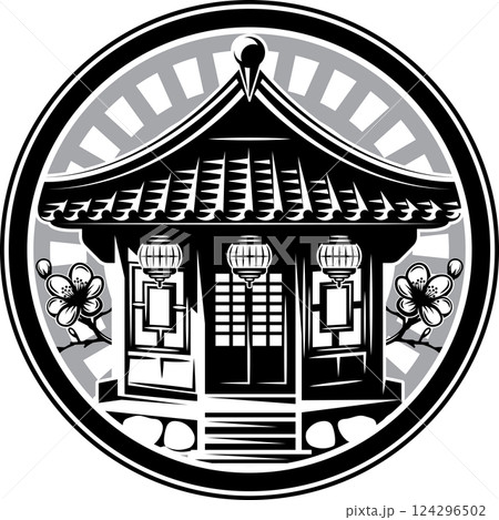 Traditional Japanese Temple with Lanterns and Cherry Blossoms in a Circular Frame Traditional Japanese Temple with Lanterns and Cherry Blossoms in a Circular Frame 124296502