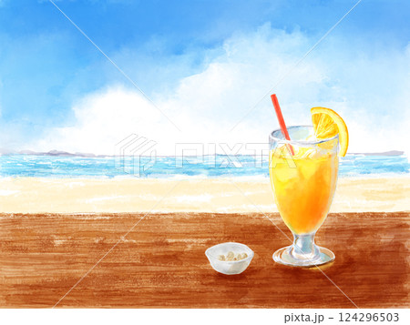 夏の海とオレンジジュースの水彩イラスト 124296503