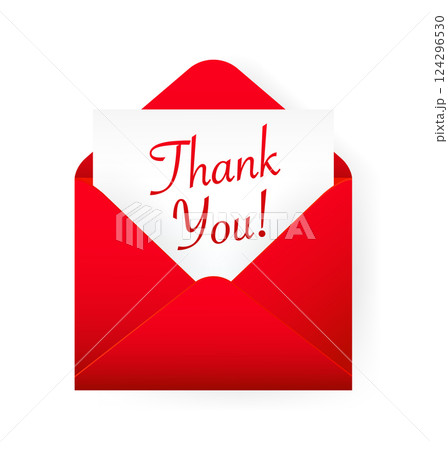 Flat red thank you envelope for decoration design. Vintage banner for celebration design. Red thank you card on white background. Flat red thank you envelope for decoration design. Vintage banner for celebration design. Red thank you card on white background. 124296530