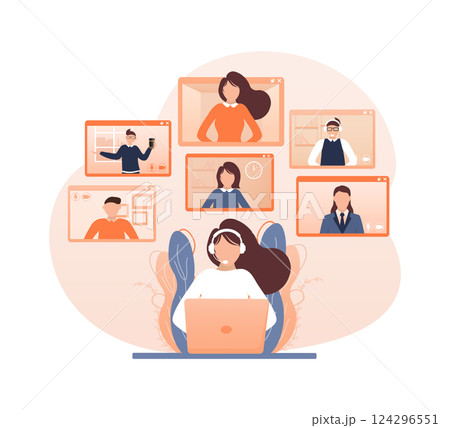 Flat illustration. Video conference. Video call between friends, chatting online by mobile app. Stay at home, work, communication remotely. Vector illustration. Flat illustration. Video conference. Video call between friends, chatting online by mobile app. Stay at home, work, communication remotely. Vector illustration. 124296551