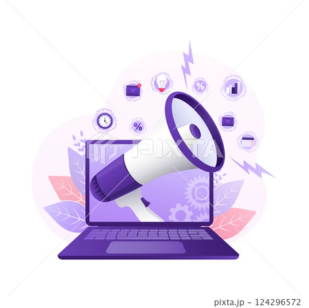 Cartoon megaphone laptop cartoon style for web marketing design. Flat character. Online technology concept vector illustration. Cartoon megaphone laptop cartoon style for web marketing design. Flat character. Online technology concept vector illustration. 124296572