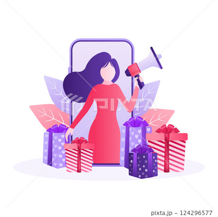 Online reward Vector flat design. Flat isometric vector illustration. Group of happy people receive a gift box illustration concept. 124296577