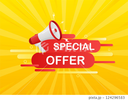 Special offer. Badge, stamp with megaphone icon. Flat vector illustration on white background. Special offer. Badge, stamp with megaphone icon. Flat vector illustration on white background. 124296583