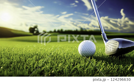 Golf club and ball on perfect green grass at sunset 124296630