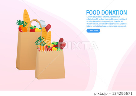 Cartoon food donation for flyer design. Food in carton box. Cartoon poster with food donation for banner design. Vector illustration. Cartoon food donation for flyer design. Food in carton box. Cartoon poster with food donation for banner design. Vector illustration. 124296671