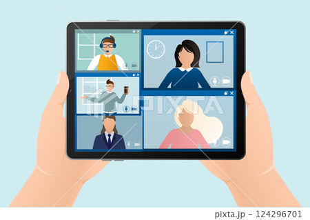 Flat illustration. Video conference. Video call between friends, chatting online by mobile app. Stay at home, work, communication remotely. Vector illustration. Flat illustration. Video conference. Video call between friends, chatting online by mobile app. Stay at home, work, communication remotely. Vector illustration. 124296701