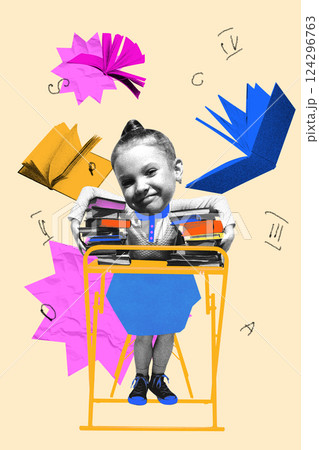 Smiling girl leaning on school desk full of books, floating letters around her. Contemporary art collage. Smiling girl leaning on school desk full of books, floating letters around her. Contemporary art collage. 124296763