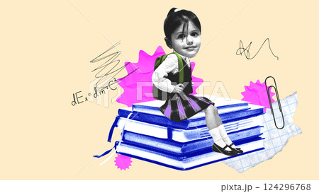 Girl with backpack sitting on book stack, surrounded by math formulas and paperclips. Contemporary art collage 124296768