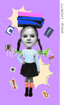 Girl balancing books on head, surrounded by letters and symbols. Contemporary art collage. 124296773