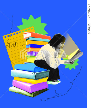Woman sitting on colorful book stack, deeply focused on reading, surrounded by study elements. Contemporary art collage Woman sitting on colorful book stack, deeply focused on reading, surrounded by study elements. Contemporary art collage 124296774
