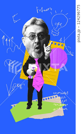 Elderly teacher holding books, pointing upward with expression of inspiration. Contemporary art collage 124296775