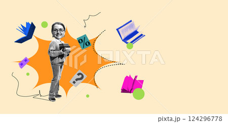 Woman carrying books smiling amid abstract shapes, floating icons, and math symbols. Contemporary art collage Woman carrying books smiling amid abstract shapes, floating icons, and math symbols. Contemporary art collage 124296778