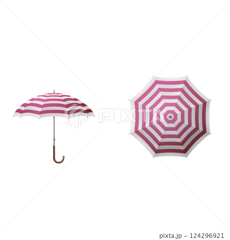 Striped Pink and White Umbrella with Wooden Handle. Vector 124296921