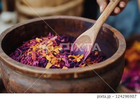 Colorful powders are being mixed with wooden spoons, creating vibrant hues for natural dyeing Colorful powders are being mixed with wooden spoons, creating vibrant hues for natural dyeing 124296987