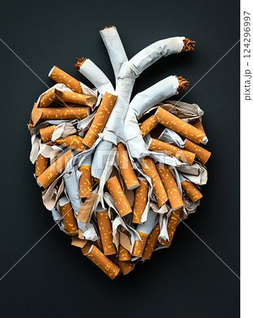Numerous cigarettes are forming a heart shape, symbolizing the harmful effects of smoking on cardiovascular health Numerous cigarettes are forming a heart shape, symbolizing the harmful effects of smoking on cardiovascular health 124296997