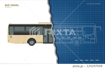 Isolated bus drawing. Outline passenger transport blueprint. Autobus seat map. Industrial 3D scheme. Side view. Tourist vehicle lineart Isolated bus drawing. Outline passenger transport blueprint. Autobus seat map. Industrial 3D scheme. Side view. Tourist vehicle lineart 124297049