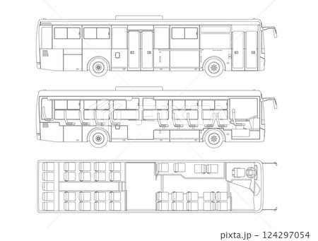 Isolated bus drawing. Outline passenger transport blueprint. Autobus linear seat map. Industrial scheme. Side and top view. Tourist vehicle interior 124297054