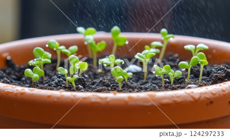 Water droplets falling on seedlings growing in terracotta pot 124297233