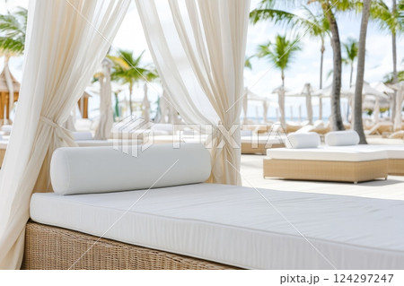 Luxury outdoor daybed with cushions and curtains by the pool, perfect for relaxation and comfort. 124297247