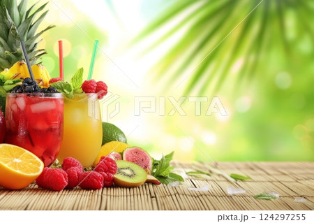 Tropical cocktails with fresh fruits and ice cubes on bamboo mat 124297255