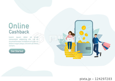 Flat card with cash back people for banner design. Illustration concept. Gift card for banner design. Payment online concept. 124297283