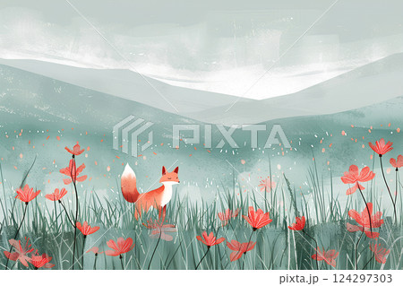 彼岸花と狐のいる風景 124297303
