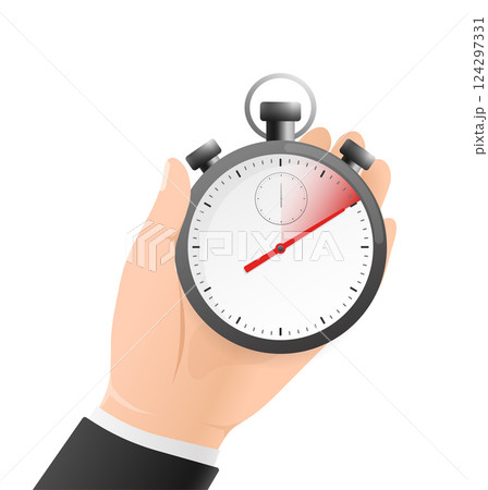 Cartoon icon with timer with hand on white background. Business design. Vector illustration. 124297331