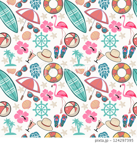 Cartoon beach recreation attributes, parasol sunglasses, ball slippers and surfboard. 124297395