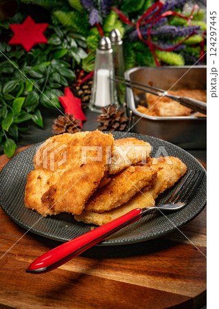 Fried cod fillet. 124297445
