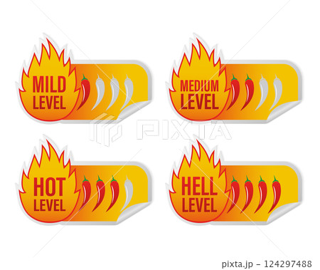 Spicy level sticker on white background. Vector illustration design. Burning hot. 124297488