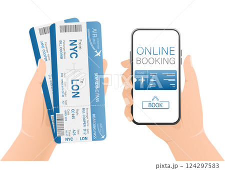 Airline tickets online with hands and smartphone in flat style. Isolated vector illustration. Airline tickets online with hands and smartphone in flat style. Isolated vector illustration. 124297583