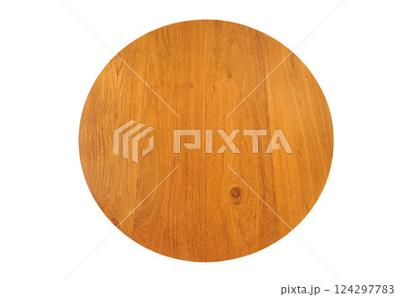 Top view of round wooden table isolated on white background. 124297783