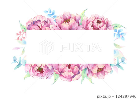 Watercolor pink peony floral frame with green leaves and branches 124297946