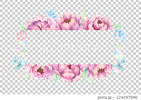 Watercolor pink peony floral frame with green leaves and branches 124297946