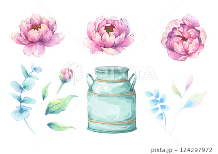 Watercolor pink peony floral set with eucalyptus and rustic vase 124297972