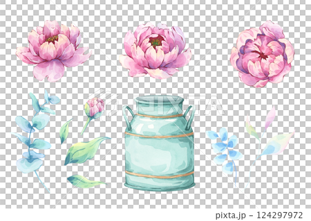 Watercolor pink peony floral set with eucalyptus and rustic vase 124297972