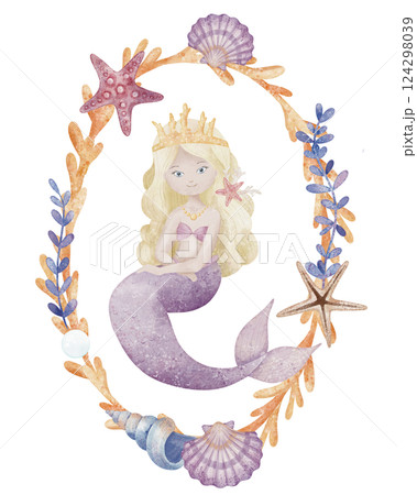 Watercolor illustration of blonde Mermaid in a frame with coral, shells, and starfish. Art with underwater princess for nursery poster or baby invitations and greeting cards. Drawing in pastel colors. Watercolor illustration of blonde Mermaid in a frame with coral, shells, and starfish. Art with underwater princess for nursery poster or baby invitations and greeting cards. Drawing in pastel colors. 124298039