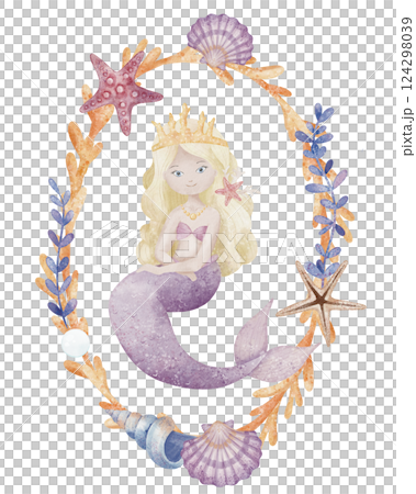 Watercolor illustration of blonde Mermaid in a frame with coral, shells, and starfish. Art with underwater princess for nursery poster or baby invitations and greeting cards. Drawing in pastel colors. Watercolor illustration of blonde Mermaid in a frame with coral, shells, and starfish. Art with underwater princess for nursery poster or baby invitations and greeting cards. Drawing in pastel colors. 124298039