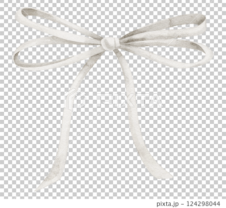 Ribbon with Bow watercolor illustration. Drawing of fabric Knot in pastel colors for wedding invitations or Baby shower greeting cards. Art of white adorable accessory for party design. 124298044