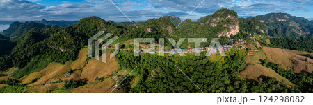 Aerial view of stunning sunrise above a small village 124298082