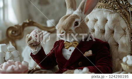 A Close-Up Portrait of a Sophisticated Easter Bunny in a Luxurious Velvet Suit, Holding a Hand-Painted Egg in an Elegant Setting, Happy Easter A Close-Up Portrait of a Sophisticated Easter Bunny in a Luxurious Velvet Suit, Holding a Hand-Painted Egg in an Elegant Setting, Happy Easter 124298195