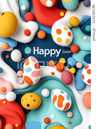 A Unique Modern Easter Card Featuring 3D Abstract Egg Designs and a Playful Color Palette with Bold Typography, Happy Easter 124298196